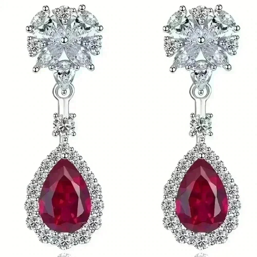 Silver plated ruby teardrop earrings. - Picture 2 of 4